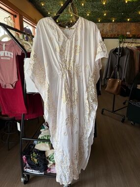 White & Gold Embroidered Kaftan Dress A087